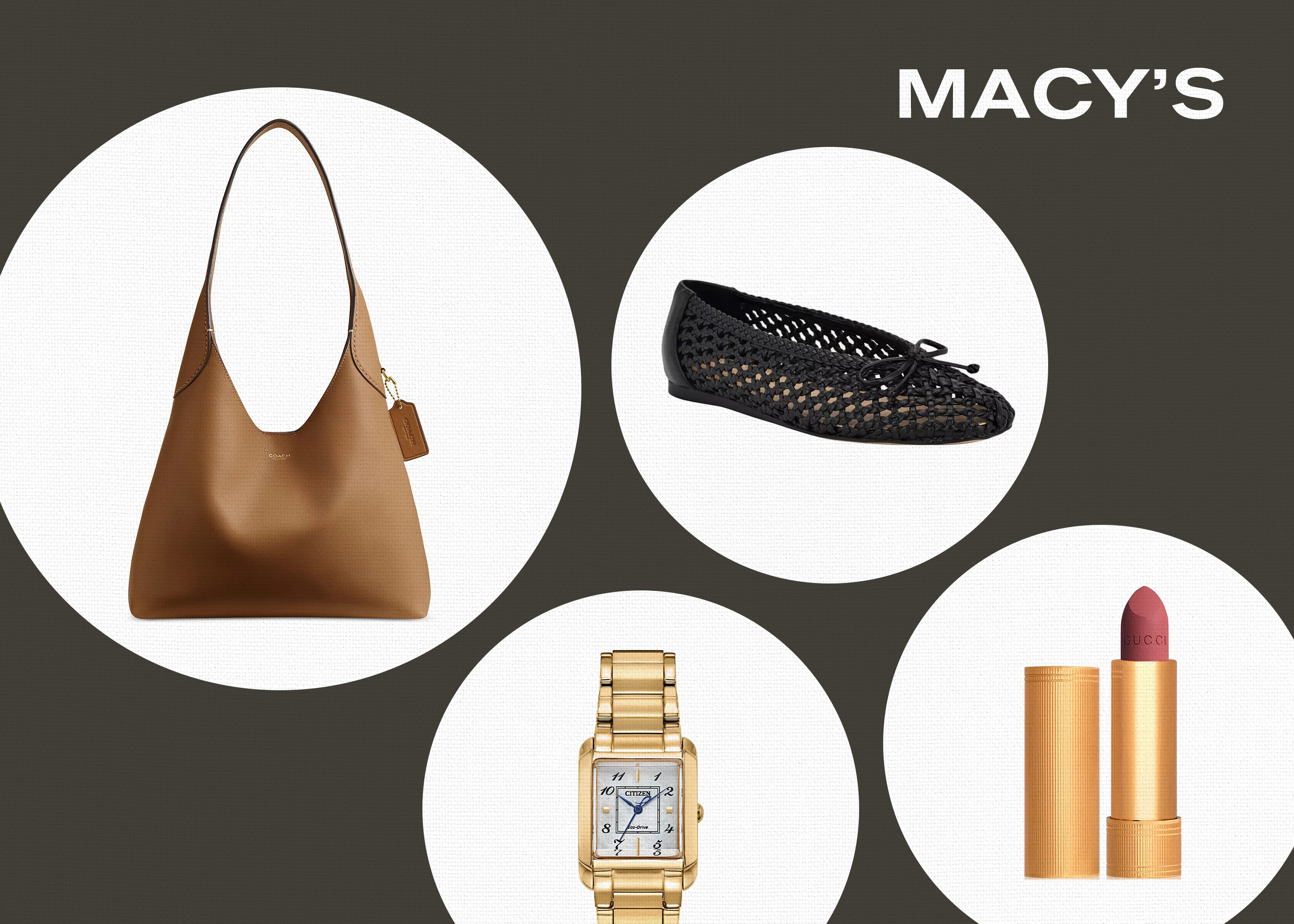Collage of Lipstick, Watch, Bag, Ballet Flat