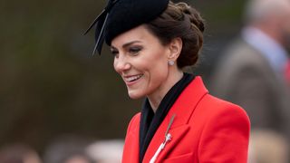 Catherine, Princess of Wales smiles during a visit to the 1st Battalion Welsh Guards at Combermere Barracks for the St David’s Day Parade on March 01, 2023 in Windsor, England.