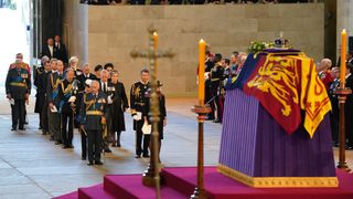 Members of the royal family stand by the coffin of Queen Elizabeth II at Westminster Hall