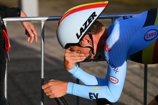 WOLLOGONG AUSTRALIA SEPTEMBER 20 Jens Verbrugghe of Belgium reacts disappointed on arrival after the 95th UCI Road World Championships 2022 Men Junior Individual Time Trial a 288km race from Wollongong to Wollongong Wollongong2022 on September 20 2022 in Wollongong Australia Photo by Tim de WaeleGetty Images