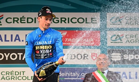 Slovenian Primoz Roglic of JumboVisma celebrates on the podium after winning stage 6 of the TirrenoAdriatico cycling race 194 km from Osimo Stazione to Osimo in Italy Saturday 11 March 2023 BELGA PHOTO DIRK WAEM Photo by DIRK WAEM BELGA MAG Belga via AFP Photo by DIRK WAEMBELGA MAGAFP via Getty Images