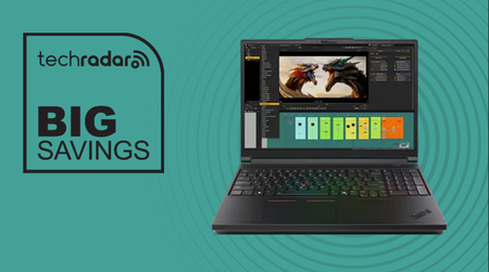 Lenovo ThinkPad P16 Gen 3 on a green background next to a TechRadar badge that reads 'Big Savings'
