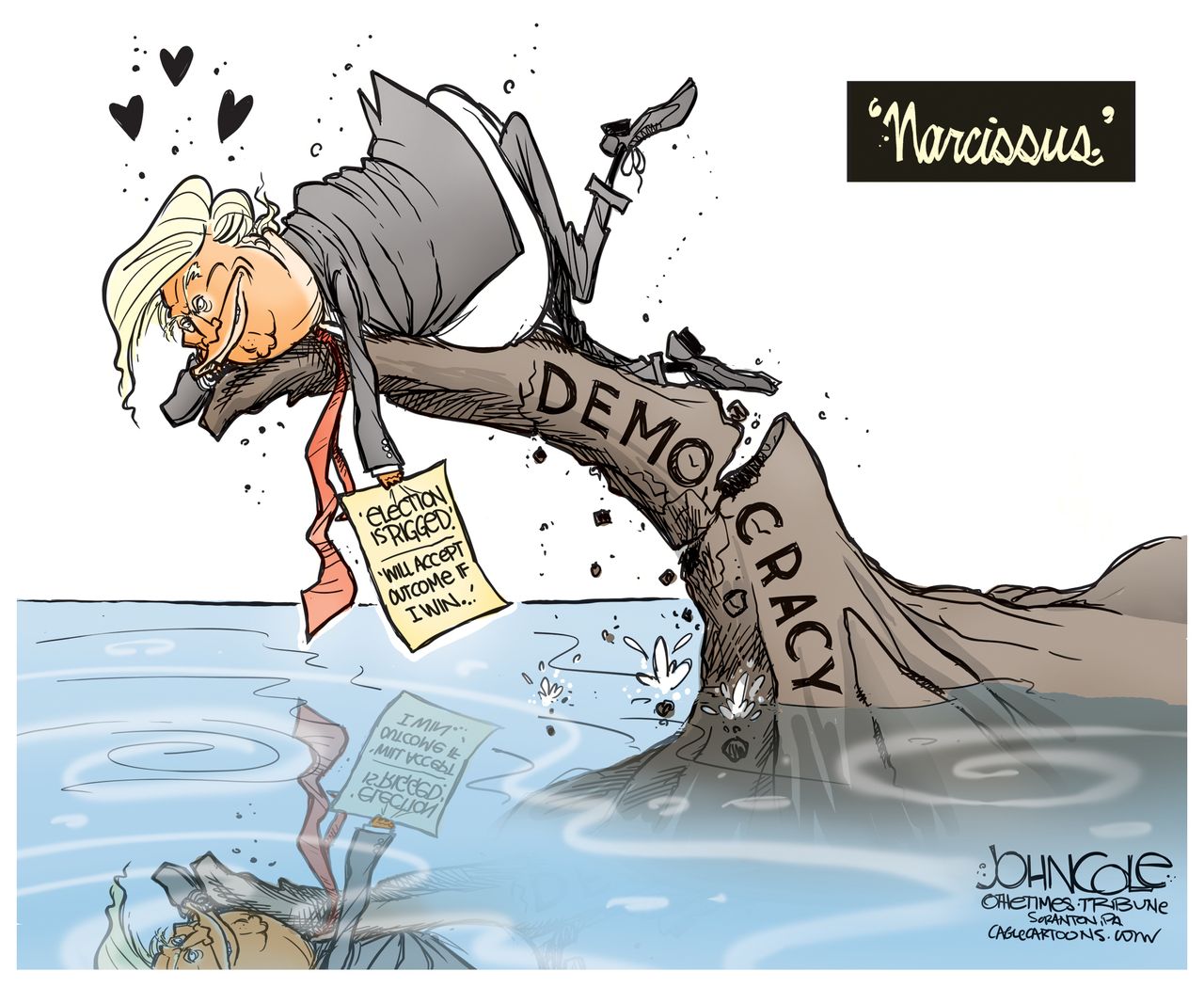 Political cartoon U.S. 2016 election Donald Trump Narcissus election rigged