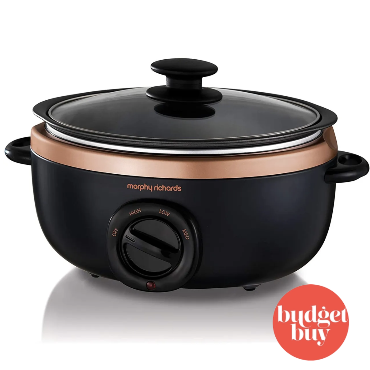 A black Morphy Richards slow cooker on a white background