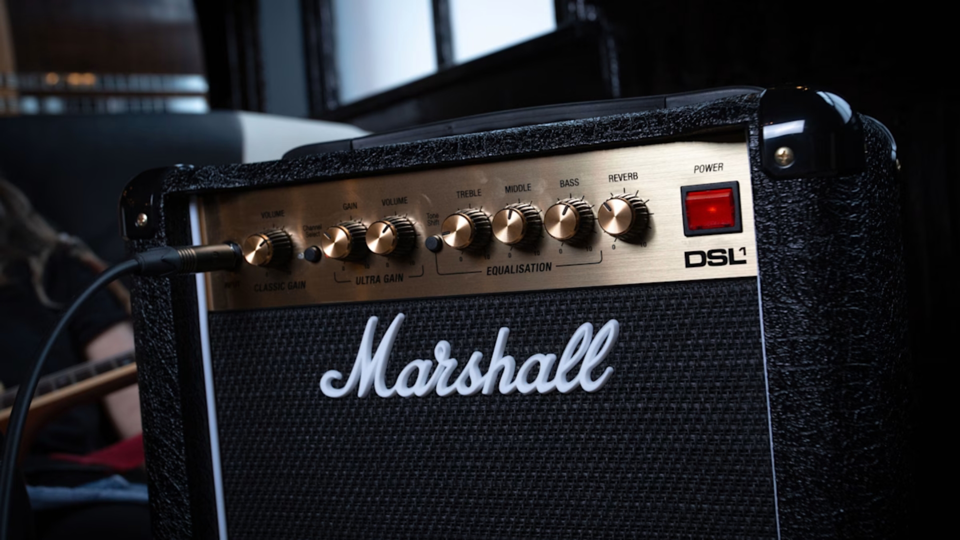 A close up of the control panel on the Marshall DSL1CR combo amp