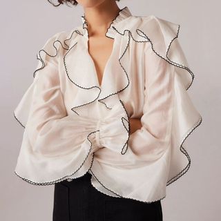 White Contrast Ruffle Blouse