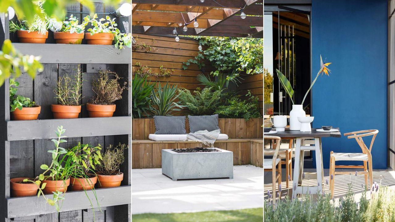 Three images of an organized space, including herb pots in wall mounted storage and two modern patio setups