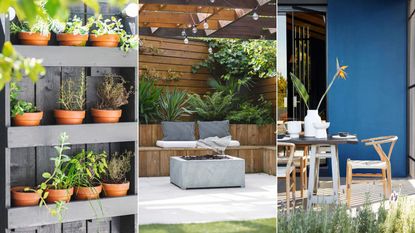 Three images of an organized space, including herb pots in wall mounted storage and two modern patio setups