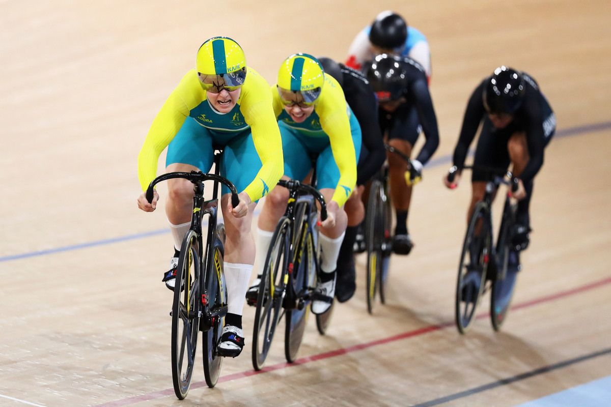 Stephanie Morton and Kaarle Mcculloch (Australia) riding to one-two in the Keirin