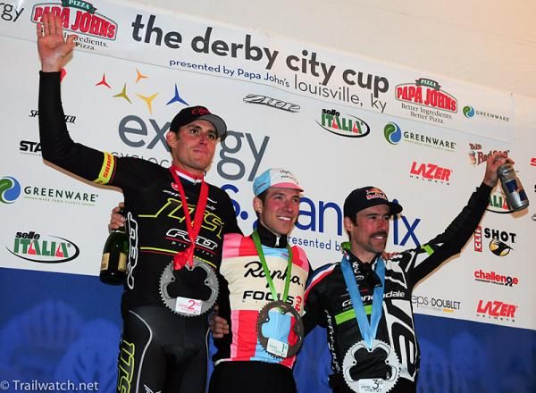 Elite men&rsquo;s Podium (L to R): Ryan Trebon (LTS-Felt) 2nd, Jeremy Powers (Rapha-Focus) 1st, Tim Johnson (Cannondale-Cyclocrossworld.com) 3rd