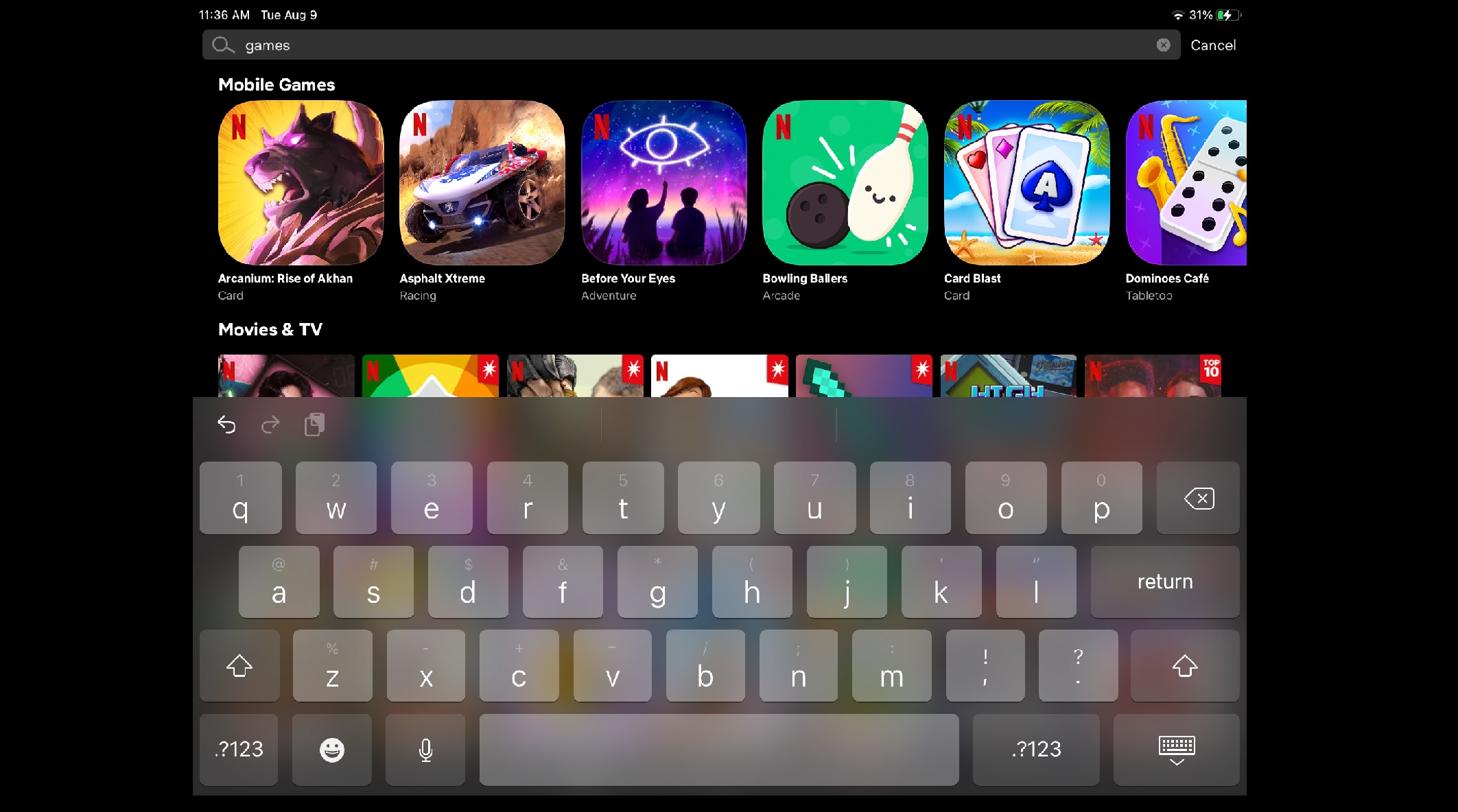 Search for Netflix games on iPad