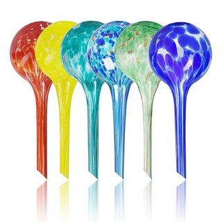 colorful plant watering globes on white background