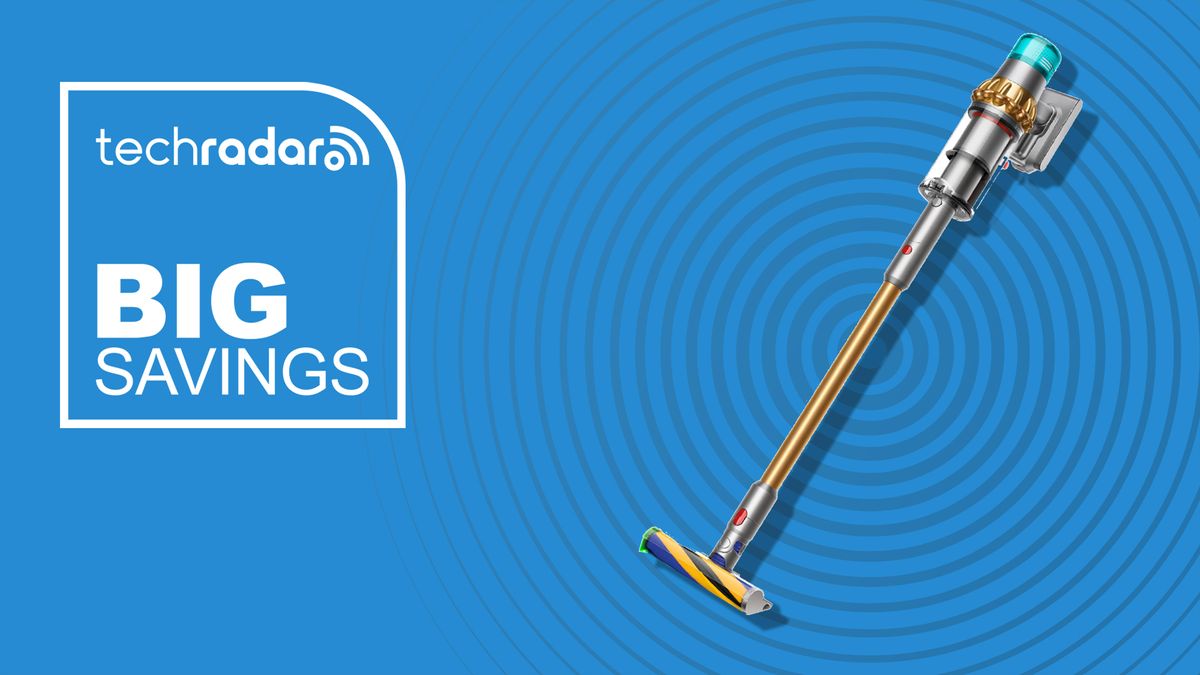 Dyson V15 vacuum on blue background with Big Savings graphic