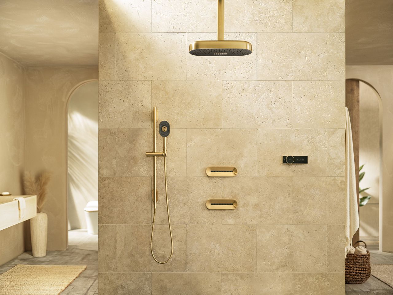 Tiled bathroom with Kohler Anthem shower controls and wall-mounted and overhead showers