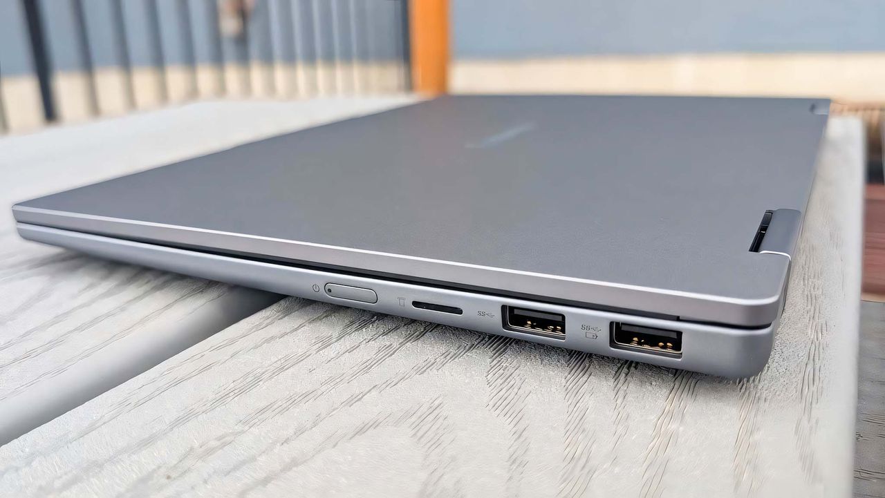 Up close of Lenovo IdeaPad 5x 2-in-1's USB-A ports, microSD card slot, and power button.