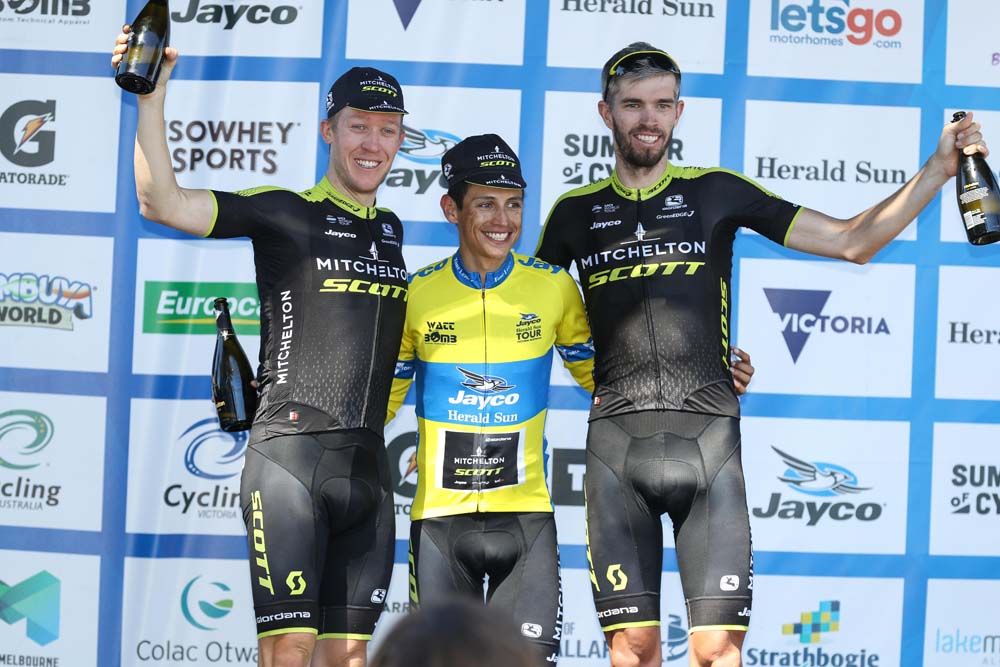 The final podium of Meyer, Chaves and Howson at the 2018 Herald Sun Tour