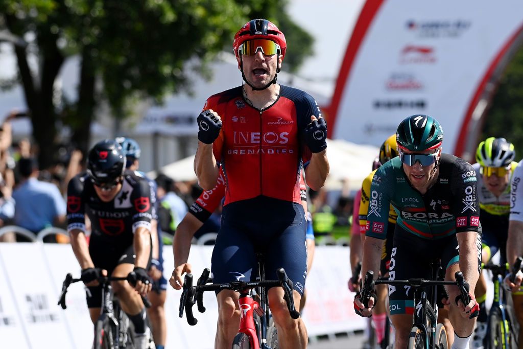 BEIHAI CHINA OCTOBER 12 Elia Viviani of Italy and Team INEOS Grenadiers celebrates at finish line as stage winner during the 4th GreeTour of Guangxi 2023 Stage 1 a 1356km stage from Beihai to Beihai UCIWT on October 12 2023 in Beihai China Photo by Tim de WaeleGetty Images