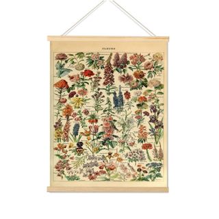 A wall artwork in the style of a tapestry with varied flower illustrations on it