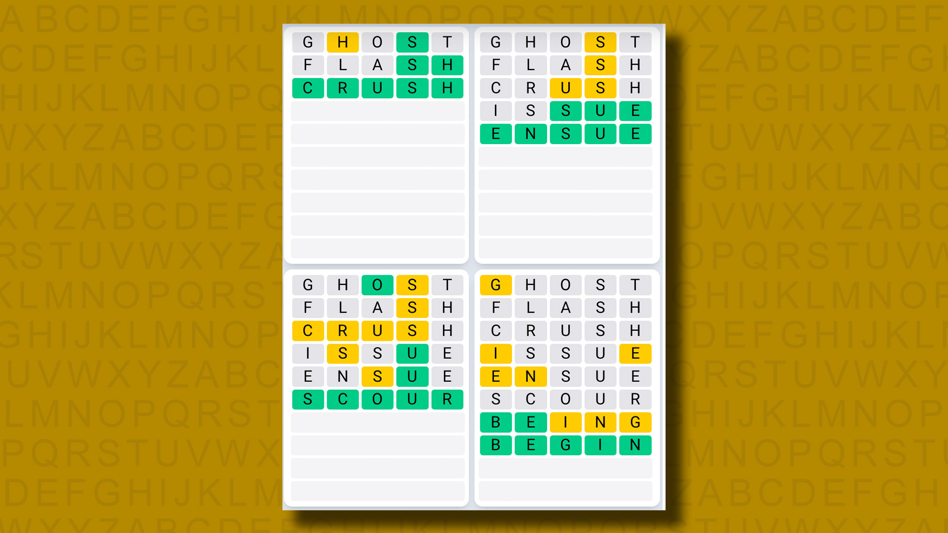 Quordle Daily Sequence answers for game 1064 on a yellow background