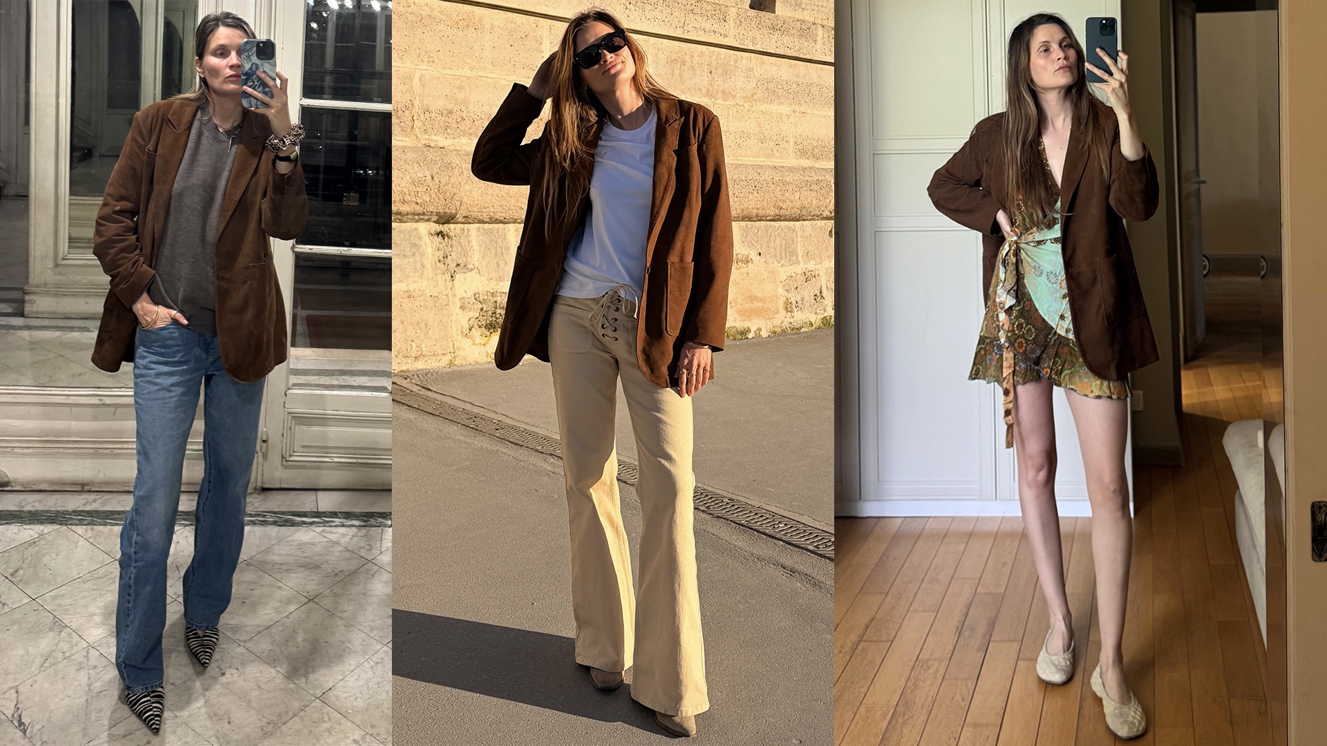 fashion collage featuring three outfit ideas with a brown leather blazer from French editor Eugenie Trochu