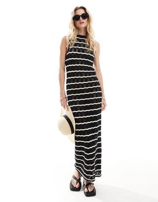 Asos Design Knit Scoop Maxi Dress in Textured Wave Stitch in Mono Stripe