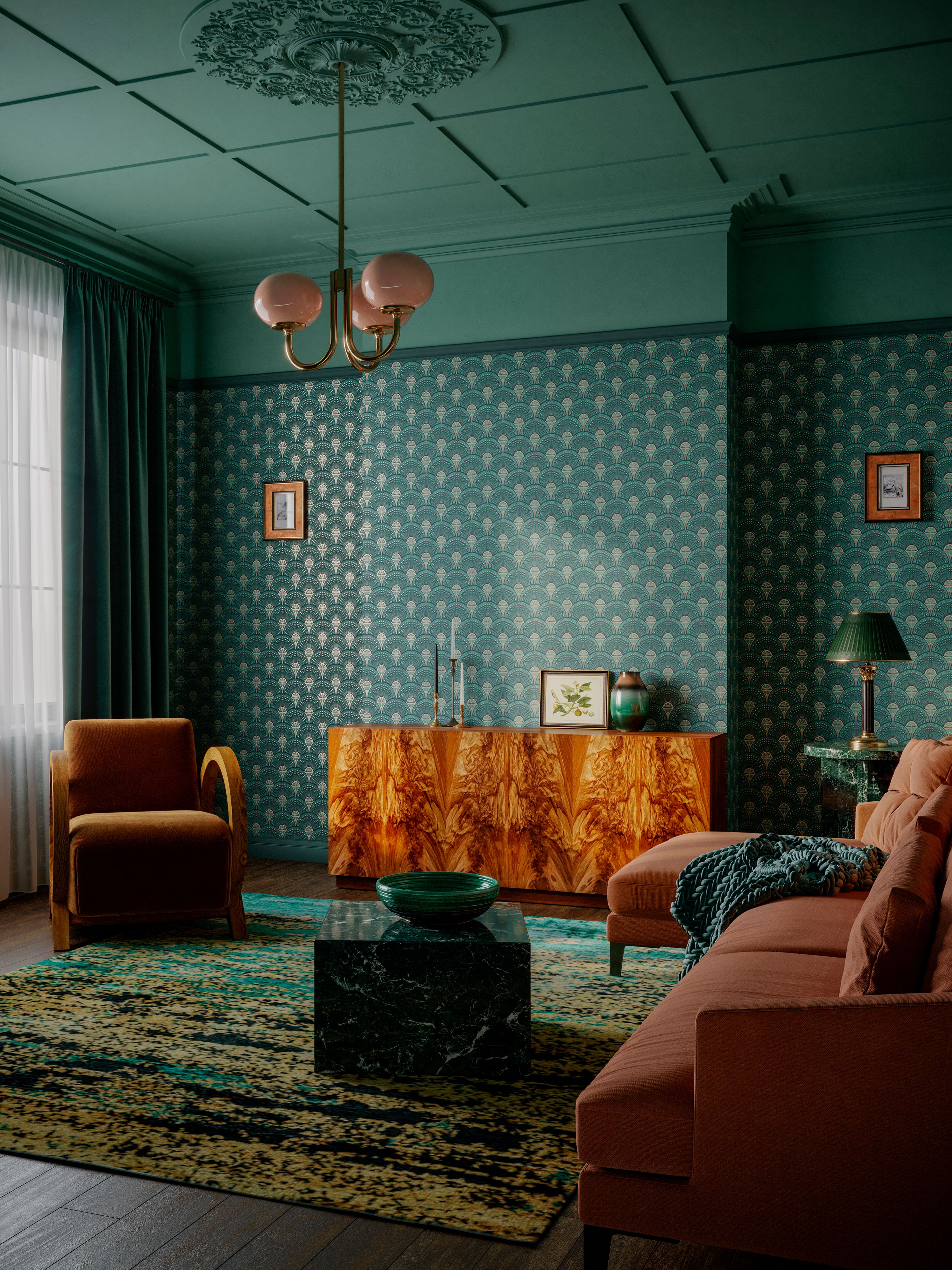 A green wallpapered room with a salmon couch and a richly grained credenze