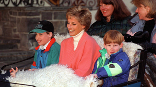 Princess Diana With Prince William & Prince Harry In Sleigh During Ski Holiday In Lech, Austria. Behind Are Diana's Friends Kate Menzies And Catherine Soames in 1994