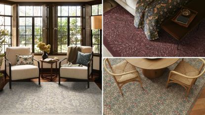 Three rugs from the Ruggable x Morris & Co The Unfinished Works Collection shown in a dining room, a bedroom, and a living room