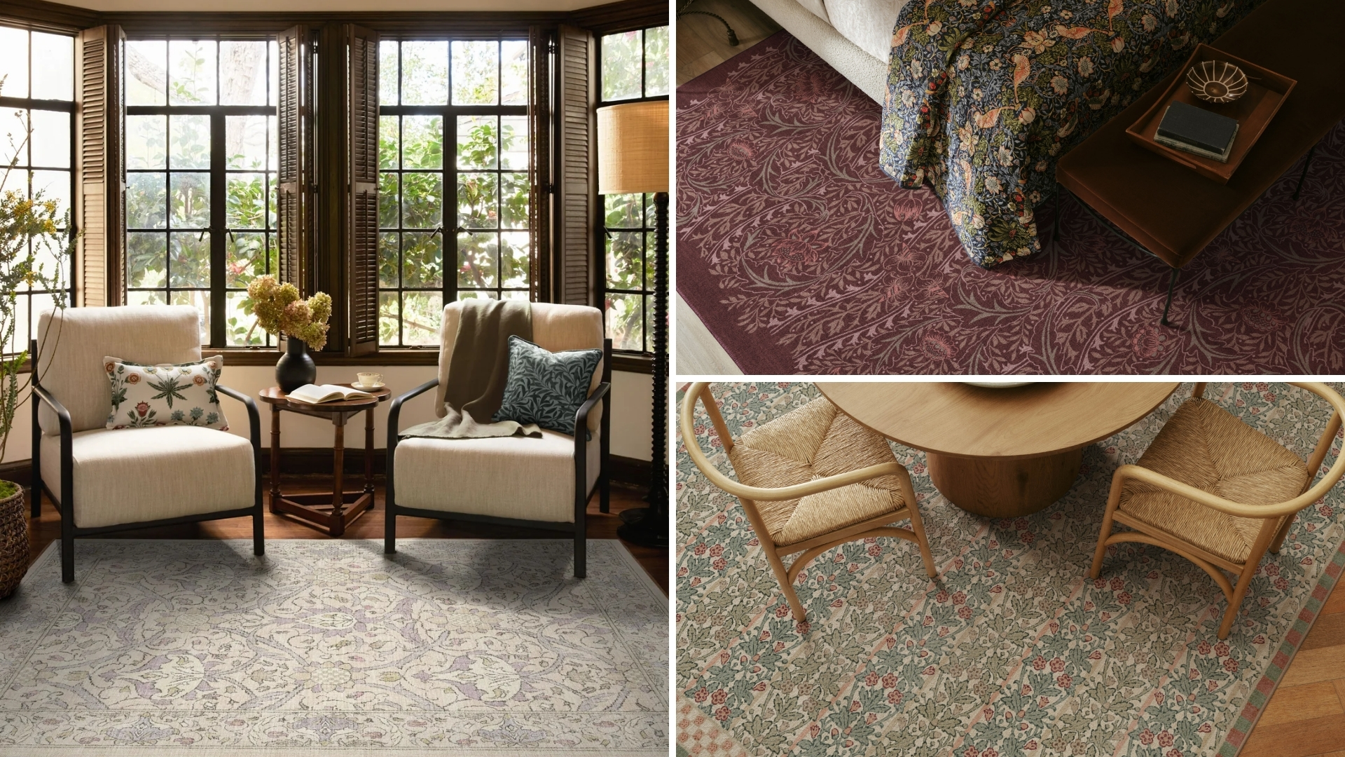 Three rugs from the Ruggable x Morris &amp; Co The Unfinished Works Collection shown in a dining room, a bedroom, and a living room