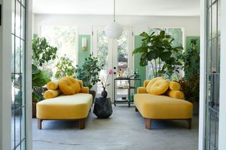 yellow accent chairs in a sun room