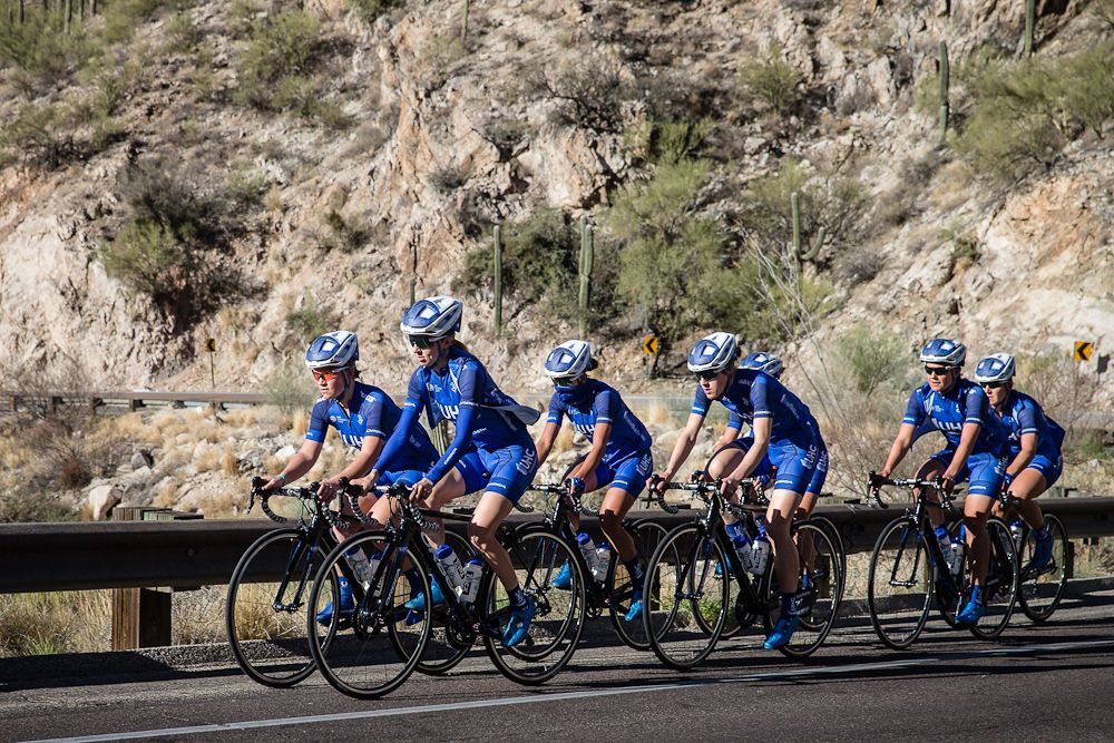 Katie Hall, runner-up last year at the Tour of California, leads the group on a ride