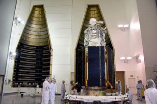 DigitalGlobe's WorldView-4 satellite is enclosed in the 13-foot (4 meters) fairing that was placed atop an Atlas V 401 rocket.