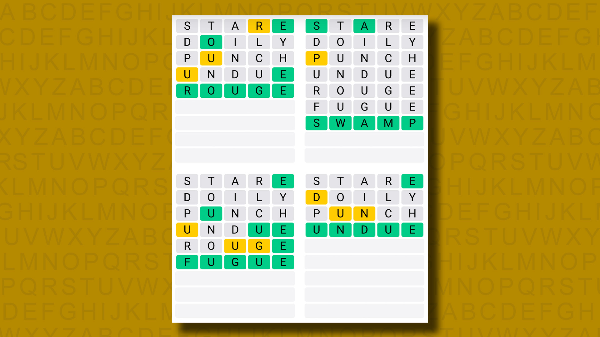 Quordle responde al juego 966 sobre un fondo amarillo