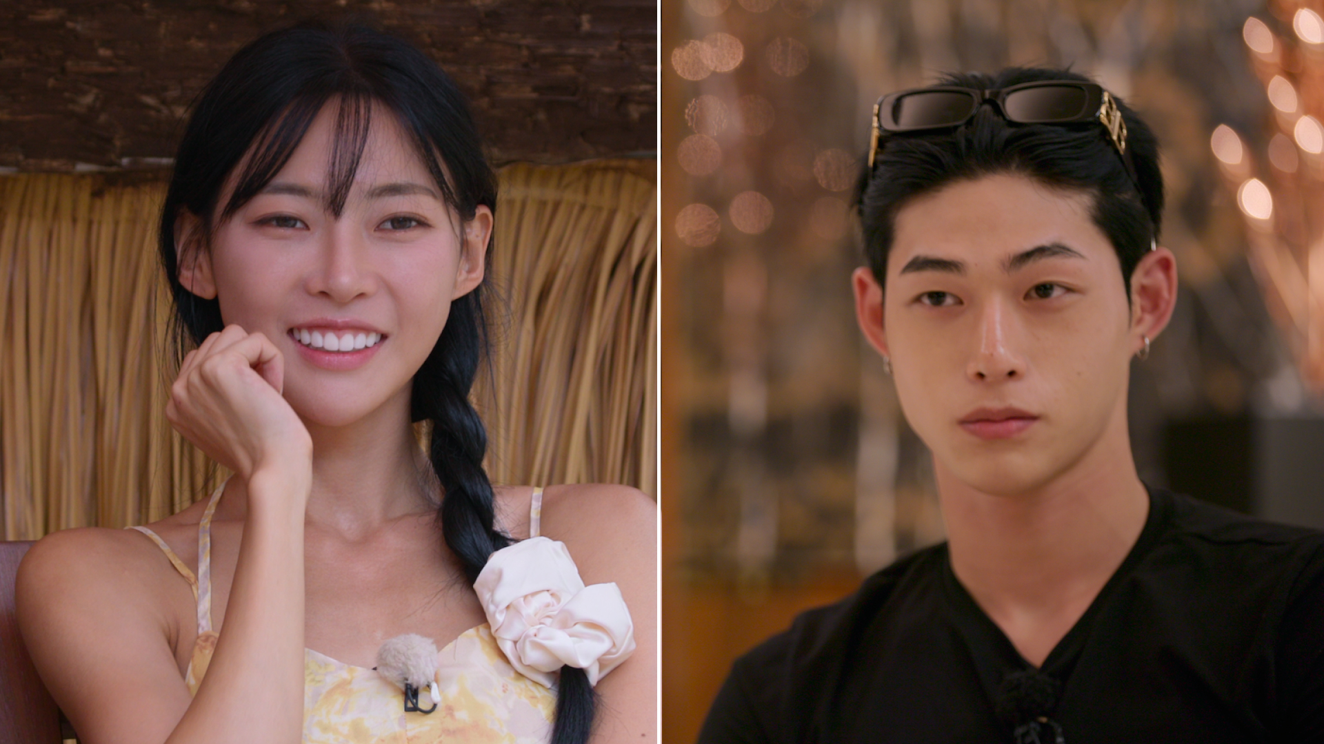 A split image of a woman (Kim Min-gee) wearing a yellow dress, with her hair in a braid with a white scrunchie, as she sits outdoors; and a man (Song Seung-il) wearing a black shirt and sunglasses on his head as he sits in a hotel room. Stills from the Korean reality show 'Single's Inferno' season 5.