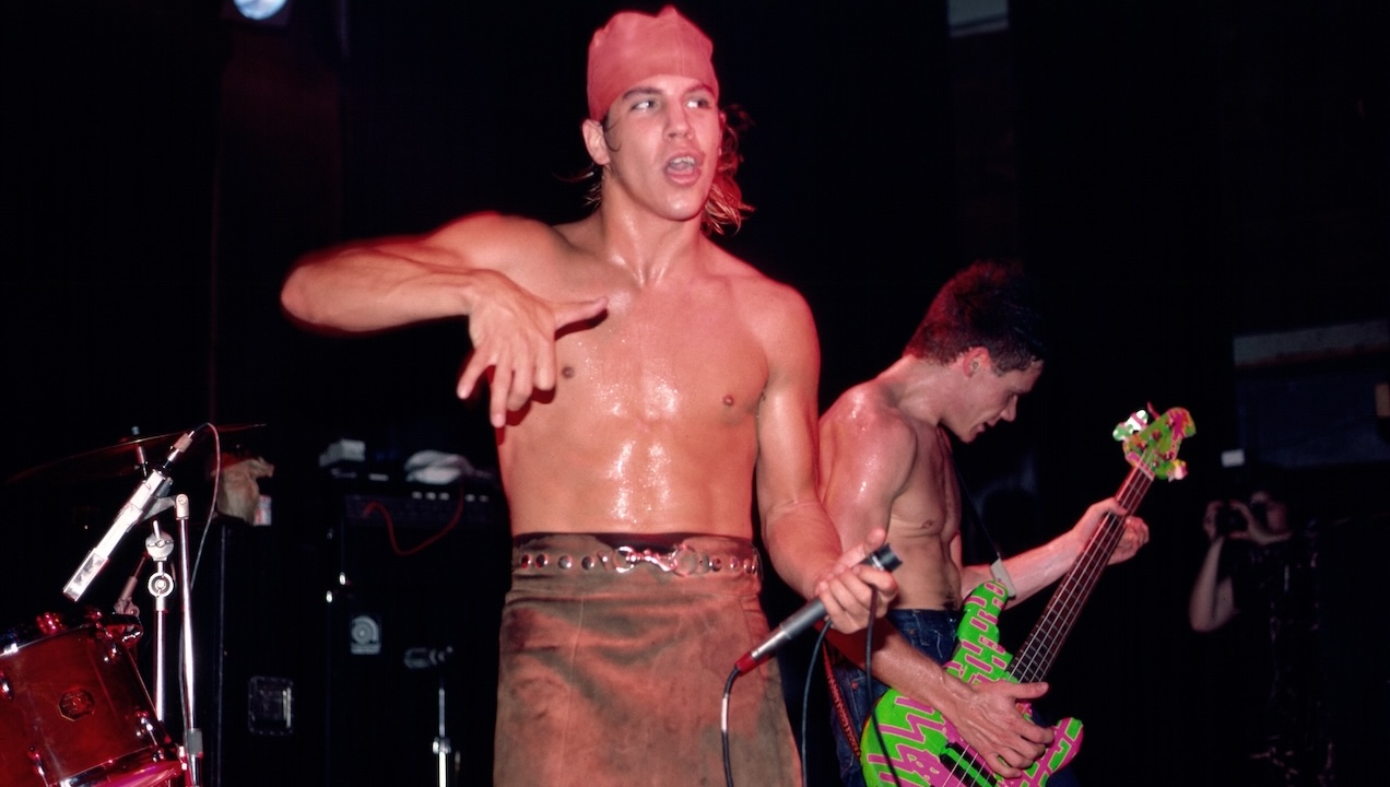 American Rock singer Anthony Kiedis (left) and Flea (born Michael Balzary), on bass guitar, both of the group Red Hot Chili Peppers, perform onstage at Irving Plaza, New York