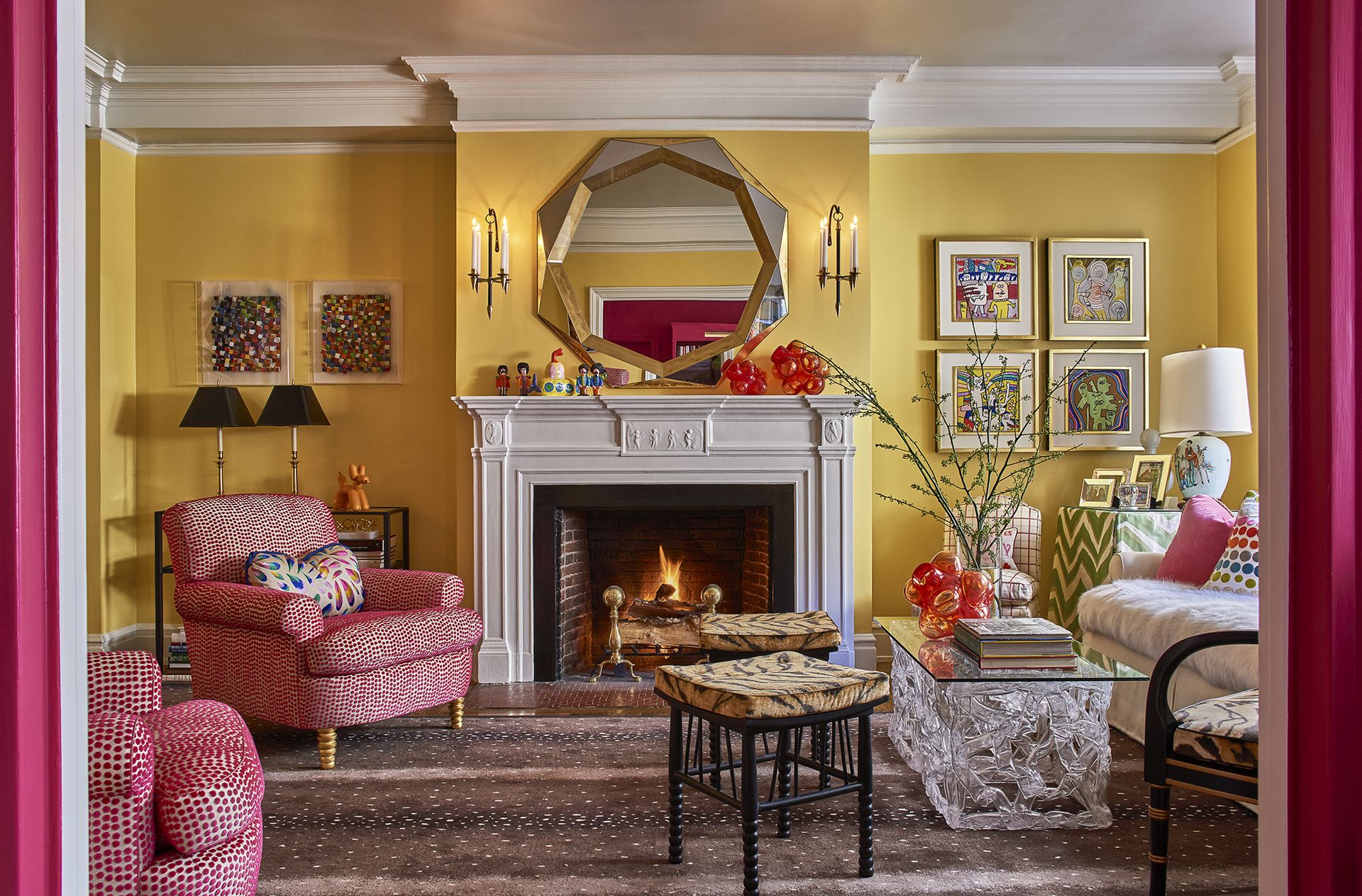 Yellow living room with metallic ceiling by Phillip Thomas