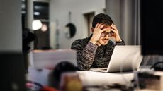 A computer user stares at their computer with a worried expression on their face and their hands on their head