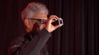 AMD's Raja Koduri holding Vega, note the two HBM2 stacks (as opposed to the four stack on GP100 and Fiji).