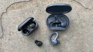 JLab Go Air Pop Headphones And Case, left, and JLab Go Air Sports Headphones and Case, right