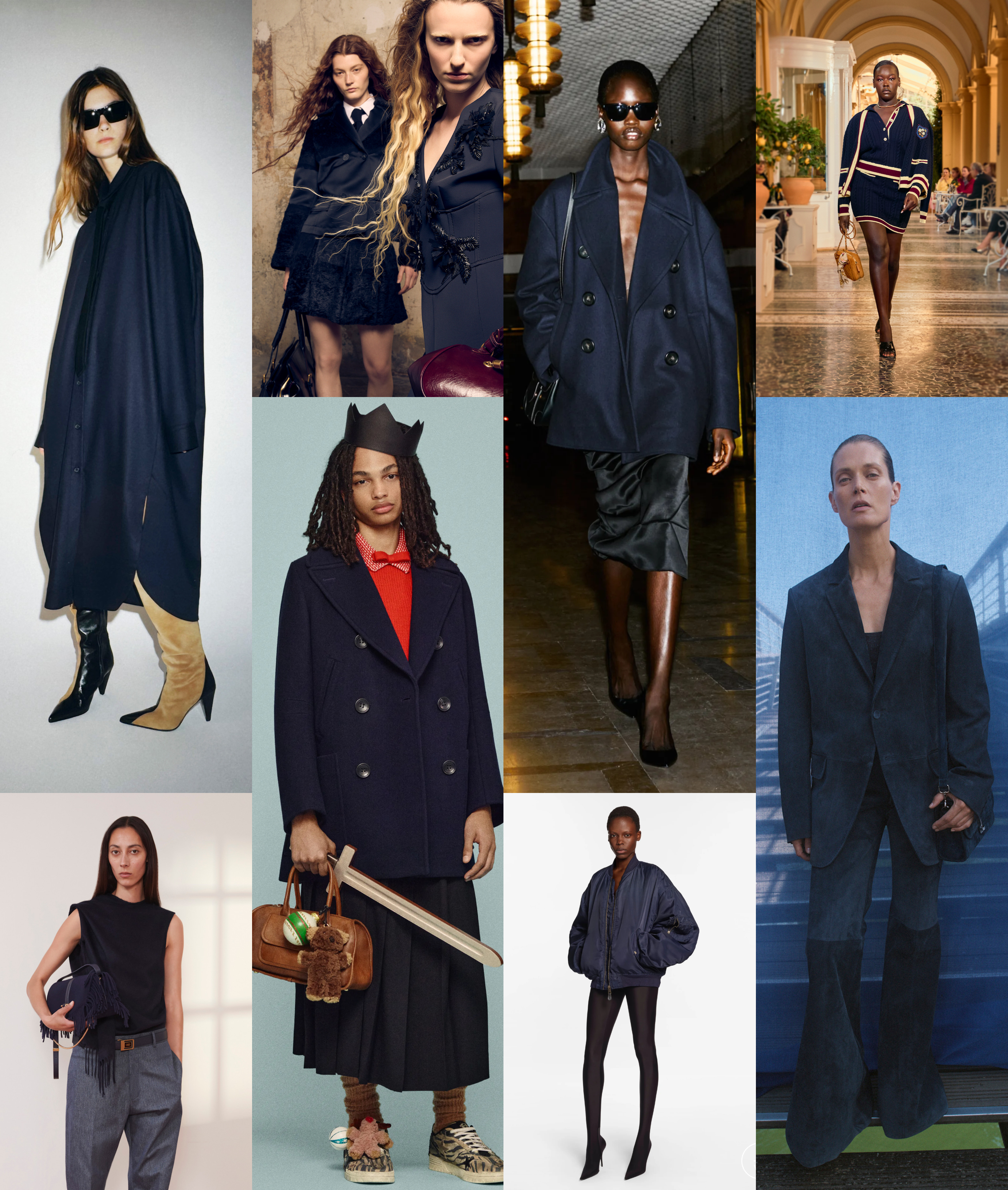 winter 2026 color trends, navy blue at Khaite, Ferragamo, Antonio Marras, Coach, No. 21, Balenciaga, Chanel, and Gabriela Hearst Resort 2026