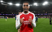 Gabriel of Arsenal celebrates following the team's victory in the UEFA Champions League 2025/26 Quarter-Final Second Leg match between Arsenal FC and Sporting Clube de Portugal at Arsenal Stadium