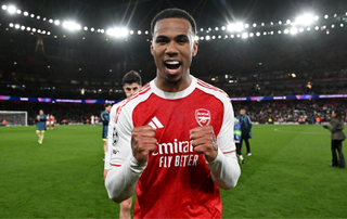 Gabriel of Arsenal celebrates following the team's victory in the UEFA Champions League 2025/26 Quarter-Final Second Leg match between Arsenal FC and Sporting Clube de Portugal at Arsenal Stadium