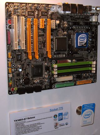 Biostar's TForce motherboards have been doing great over the last couple of months. The latest addition to the TForce product family will be the TX38-A7 Deluxe, which has three PCI Express 2.0 x16 slots. The third one runs four PCIe lanes. We also found i