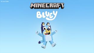Blue coloured dog underneath text reading Minecraft and Bluey