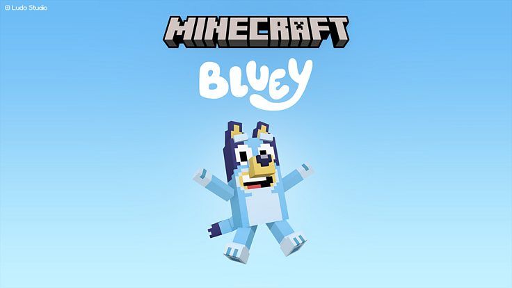 Blue coloured dog underneath text reading Minecraft and Bluey