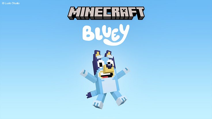Blue coloured dog underneath text reading Minecraft and Bluey