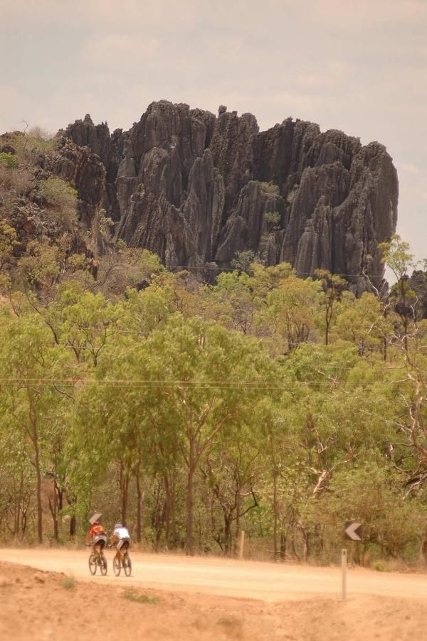 the race leaders pass the limestone hills near Chillagoe