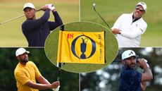 Tiger Woods, Phil Mickelson, Tony Finau and Dustin Johnson holding their finishes with a yellow 154th Open flag centered