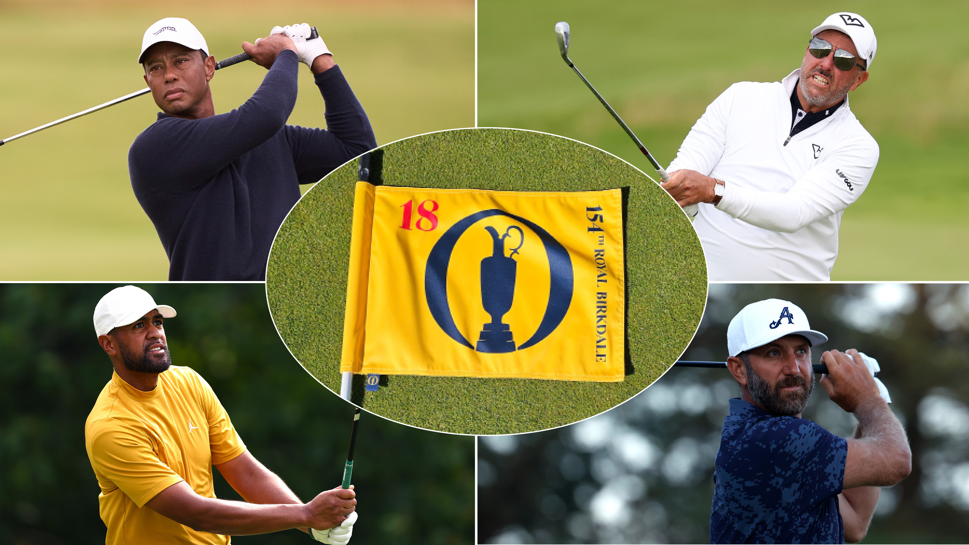Tiger Woods, Phil Mickelson, Tony Finau and Dustin Johnson holding their finishes with a yellow 154th Open flag centered