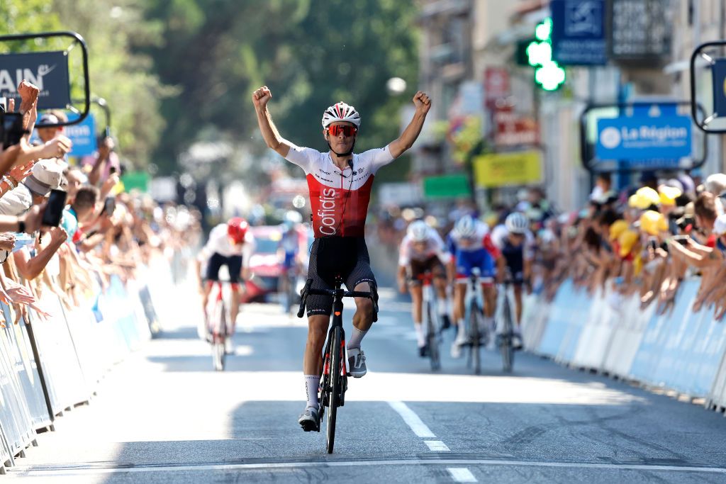 LAGNIEU FRANCE AUGUST 10 Guillaume Martin of France and Team Cofidis celebrates at finish line as stage winner during the 34th Tour de lAin 2022 Stage 2 a 144km stage from SaintVulbas to Lagnieu TDA22 on August 10 2022 in Lagnieu France Photo by Bas CzerwinskiGetty Images